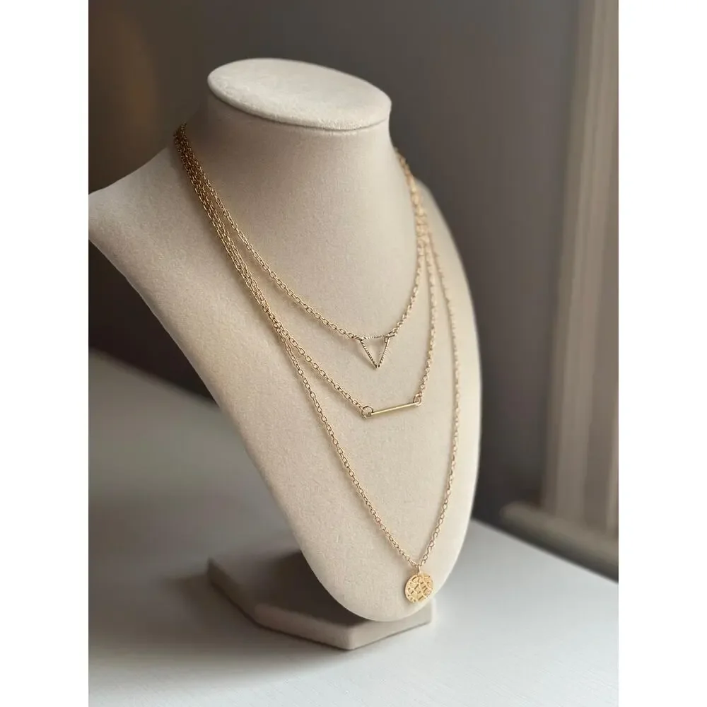 Gold Layered Necklace Minimal Geometric Bar Coin Pendant Dainty - Picture 4 of 7